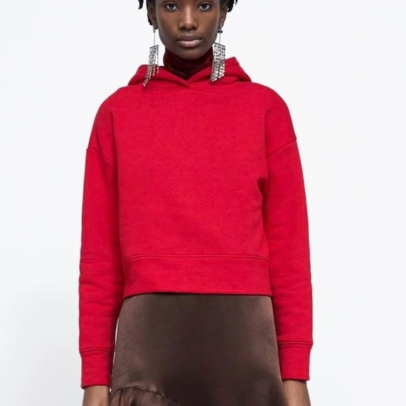 Zara Tops - Zara Red Cropped Hooded Sweatshirt